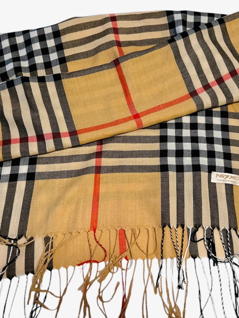 pashmina Plaid Fringe Scarf in Tan, Black, Red